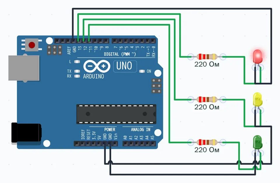 Схема светофора в «Макетке»: плата Arduino Uno, от выводов 13, 12 и 11 идут провода через резисторы 220 Ом к красному, жёлтому и зелёному светодиодам; красный горит