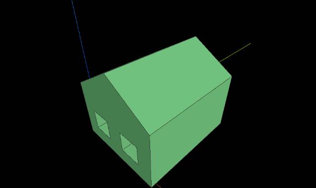 3D-модель домика с двускатной крышей и вырезанными окнами — собрана в «Макетке»