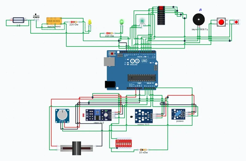 Схема в «Макетке»: в центре плата Arduino Uno, вокруг — светодиоды, кнопки, пищалка, экран, датчики света и тепла, крутилка и мотор; всё соединено проводами, схема запущена